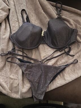 Shimmery Black & Gold Women's Swim Bra and Bikini Bottom Set